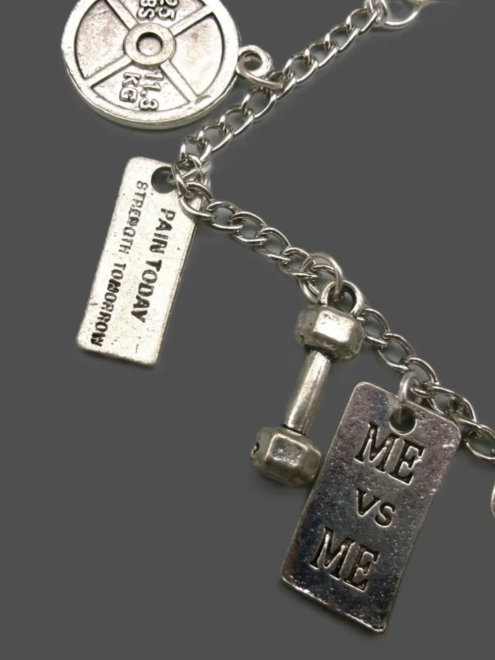 Silver Gym Fitness Motivational Charm Bracelet, Weigts, Dumbbell, Kettle Ball